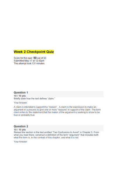 PHIL 347 Week 2 Checkpoint Quiz (Score 50/50)
