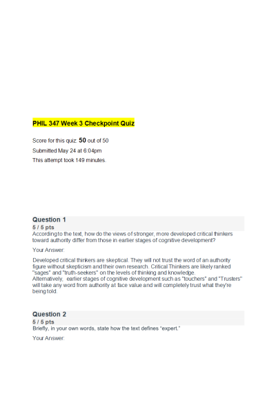 PHIL 347 Week 3 Checkpoint Quiz (Score 50/50)