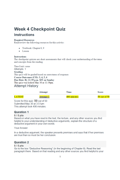PHIL 347 Week 4 Checkpoint Quiz (Score 50/50)