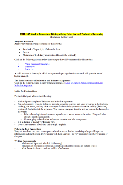 PHIL 347 Week 4 Discussion; Distinguishing Inductive and Deductive Reasoning (With Responses)