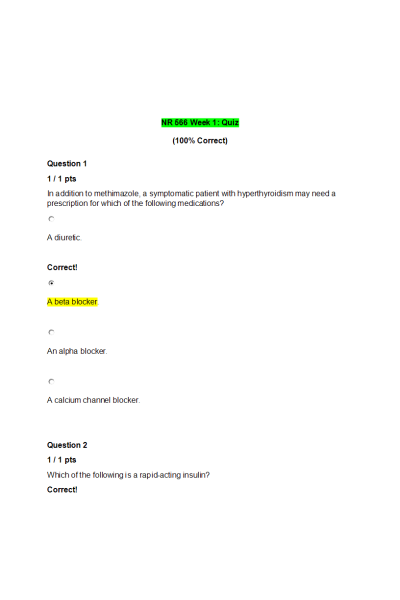 NR 566 Week 1 Quiz; Advanced Pharmacology for Care of the Family: Oct 2020