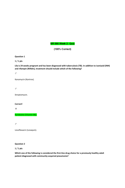 NR 566 Week 2 Quiz; Advanced Pharmacology for Care of the Family (Oct 2020)