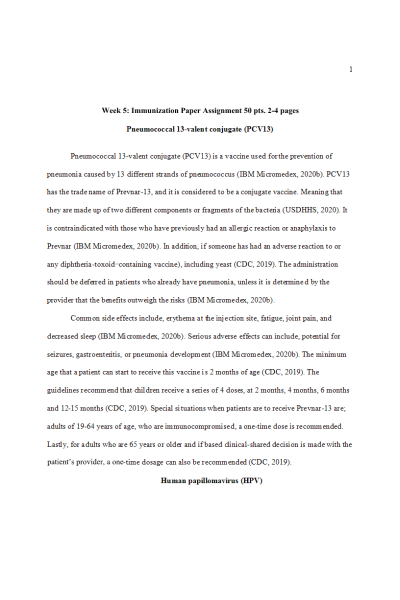 NR 566 Week 5 Assignment; Immunization - Pneumococcal 13-valent conjugate (PCV13)