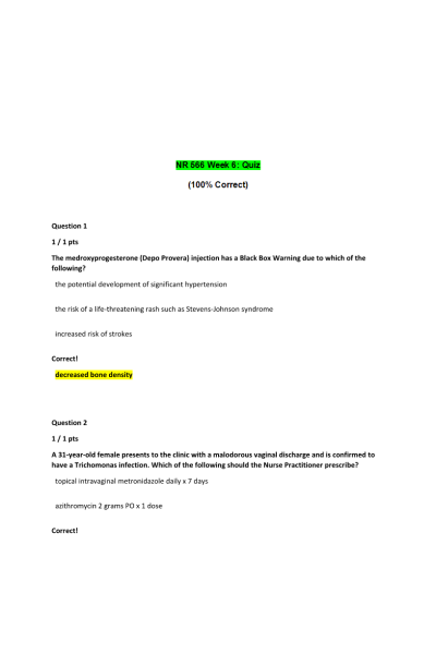 NR 566 Week 6 Quiz; Advanced Pharmacology for Care of the Family