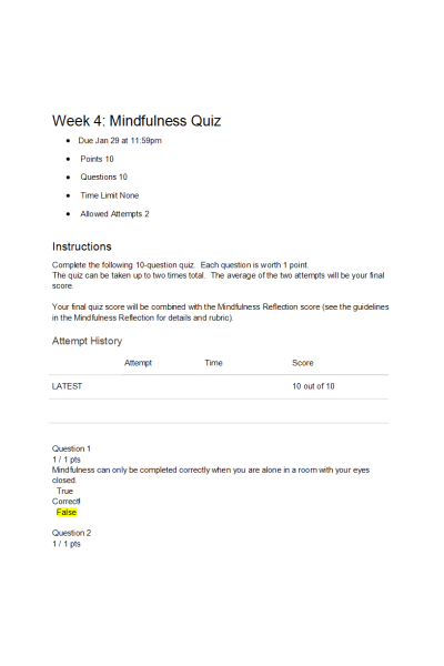 NR 103 Week 4 Mindfulness Quiz