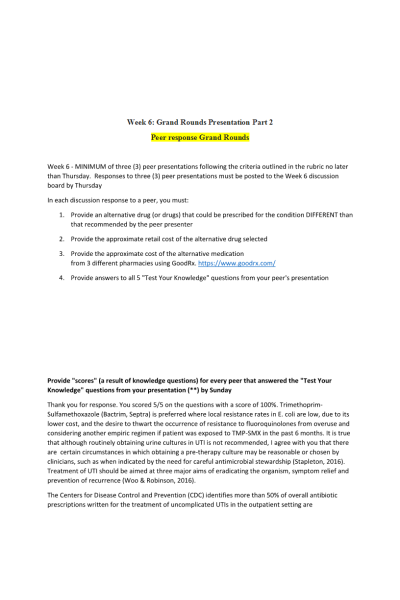 NR 565 Week 6 Grand Rounds Presentation Part 2 (Original Post with Peer Responses)
