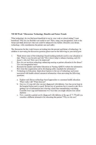 NR 360 Week 7 Discussion; Technology; Benefits and Future Trends