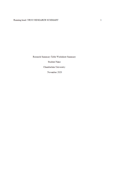 NR 505 Week 5 Assignment; Research Summary Table Worksheet