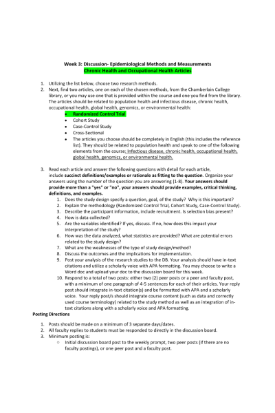 NR 503 Week 3 Discussion-Epidemiological Methods and Measurements; Chronic and Occupational Health - Randomized Control Trial