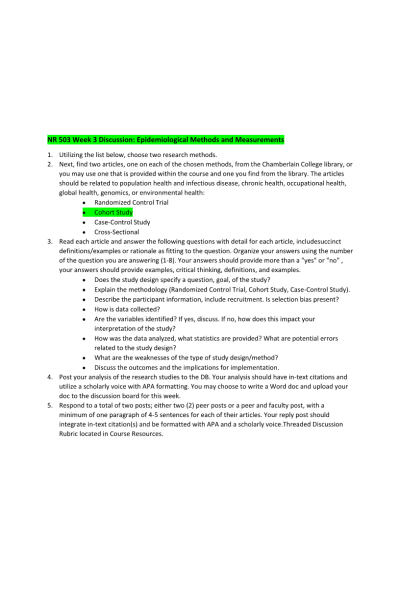 NR 503 Week 3 Discussion-Epidemiological Methods and Measurements; Cohort Study (Articles, Initial, Peer, Faculty Posts)
