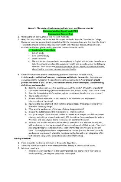 NR 503 Week 3 Discussion-Epidemiological Methods and Measurements; Diabetes Mellitus Type 2 and COPD - - Randomized Control Trial