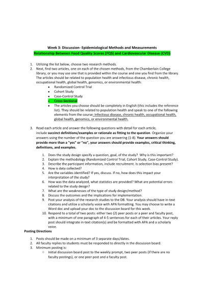 NR 503 Week 3 Discussion-Epidemiological Methods and Measurements; Food Quality and Cardiovascular Disease - Cross-Sectional