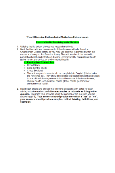 NR 503 Week 3 Discussion-Epidemiological Methods and Measurements; Research Studies Flu Virus - Randomized Control Trial