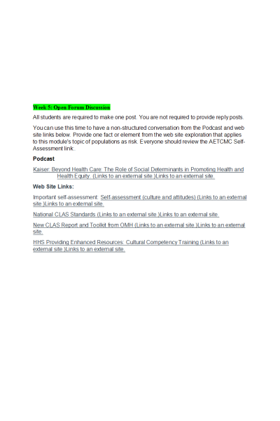 NR 503 Week 5 Open Discussion Forum; Reading on the Role of Social Determinants