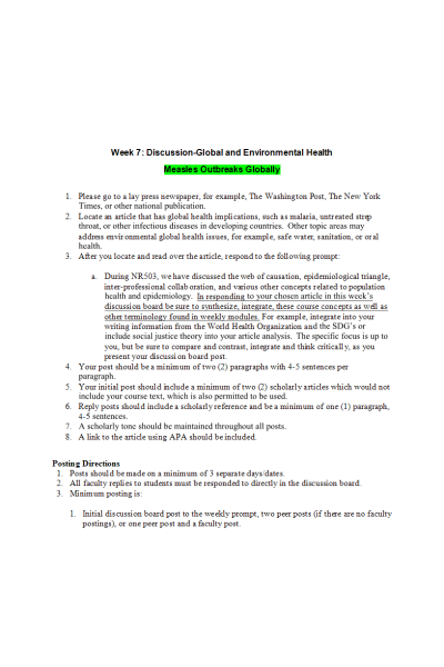 NR 503 Week 7 Discussion-Global and Environmental Health; Measles Outbreaks Globally (Initial Post, Faculty- Peer Responses)