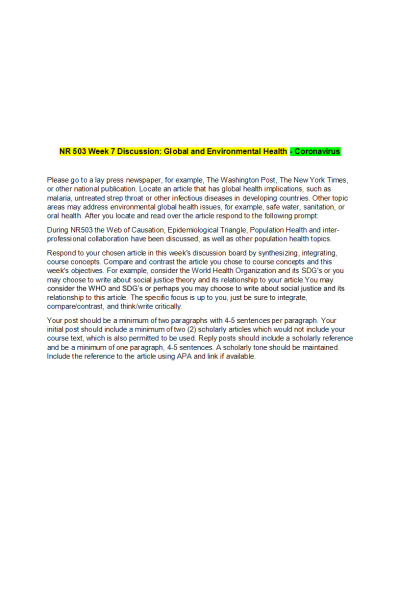 NR 503 Week 7 Discussion-Global and Environmental Health; The New York Times Article for Coronavirus