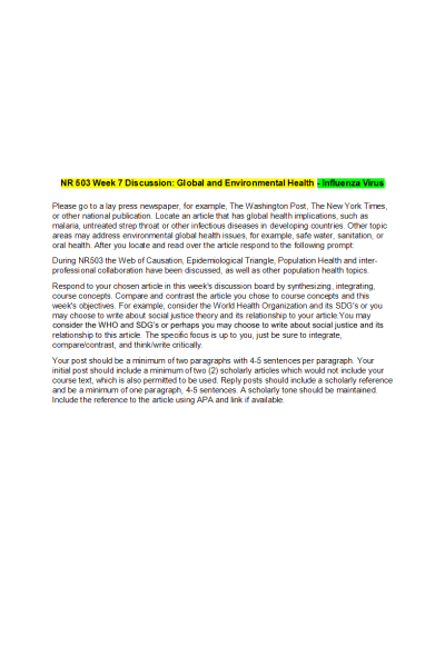 NR 503 Week 7 Discussion-Global and Environmental Health; The New York Times Article on Influenza Virus