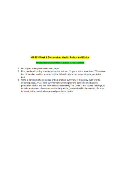 NR 503 Week 8 Discussion; Health Policy and Ethics - Florida Department of Health Bureau of Vital Statistics