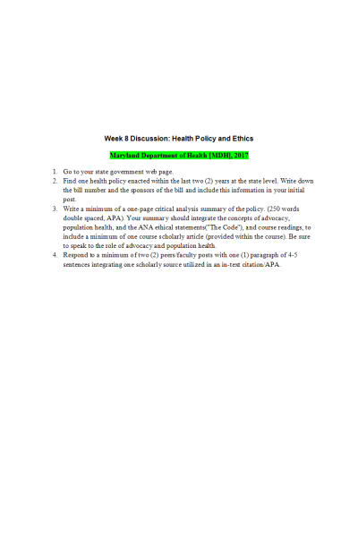 NR 503 Week 8 Discussion; Health Policy and Ethics - Maryland Department of Health [MDH], 2017