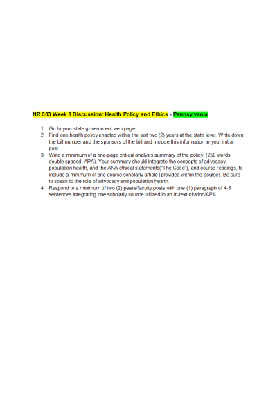NR 503 Week 8 Discussion; Health Policy and Ethics - Pennsylvania Legislation-2018 Act 25