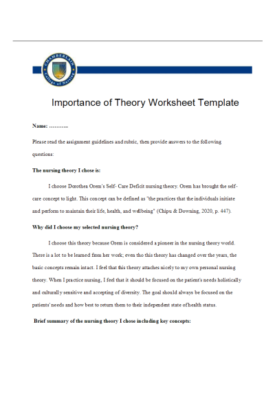 NR 501 Week 4 Assignment; Importance of Theory Worksheet Template
