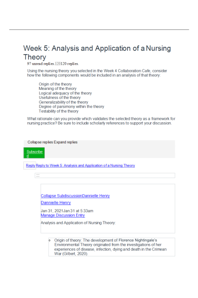 NR 501 Week 5 Discussion; Analysis and Application of a Nursing Theory