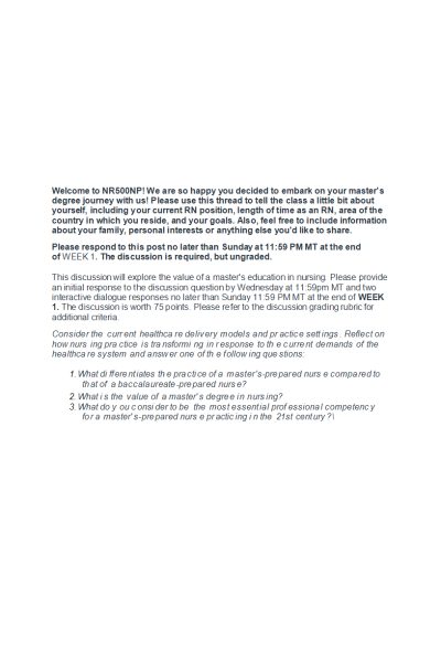 NR 500 Week 1 Discussion; The Value of a Master's-Prepared Nurse