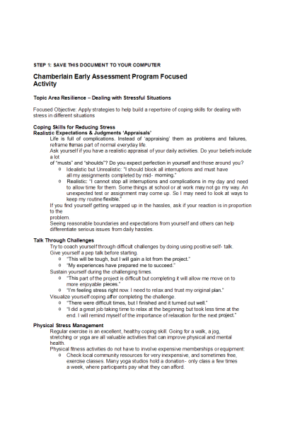 NR 500 Week 7 Assessment; CEAP Focused Activity; Coping Skills for Reducing Stress