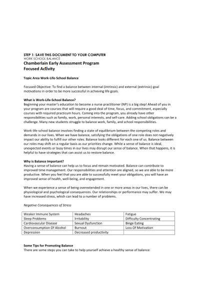 NR 500 Week 7 Assessment; CEAP Focused Activity; Work-Life‐School Balance