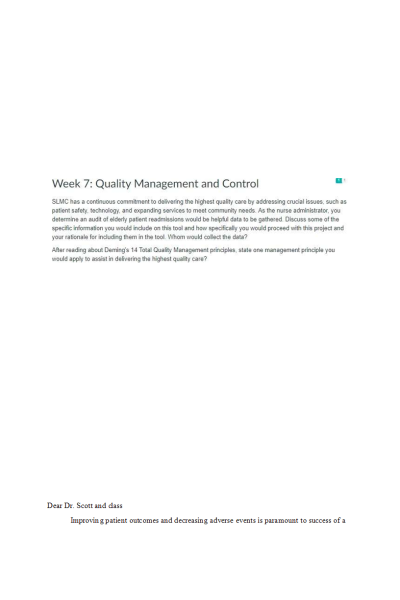 NR 531 Week 7 Discussion; Quality Management and Control