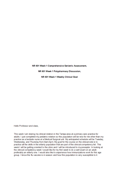 NR 601 Week 1 Comprehensive Geriatric Assessment, Polypharmacy Discussion, Weekly Clinical Goal