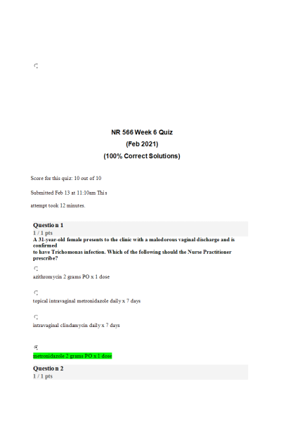NR 566 Week 6 Quiz 