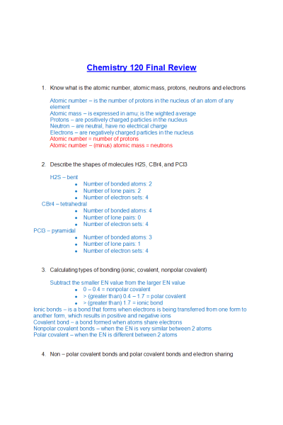 CHEM 120 Week 8 Final Exam Review (Fall Session)