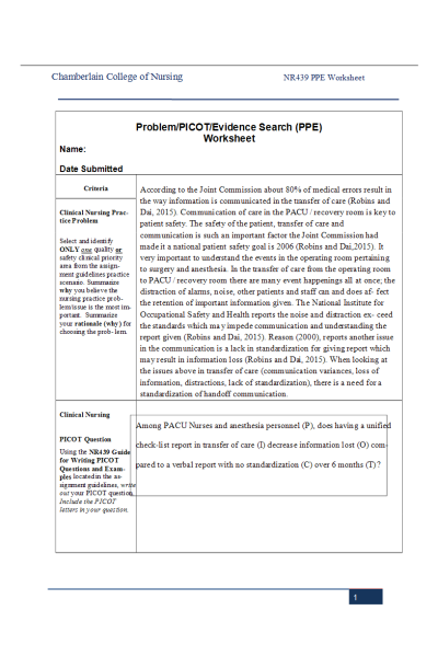 NR 439 Week 3 Assignment; Problem-PICOT-Evidence Search (PPE) Worksheet - Family Visitation in the PACU