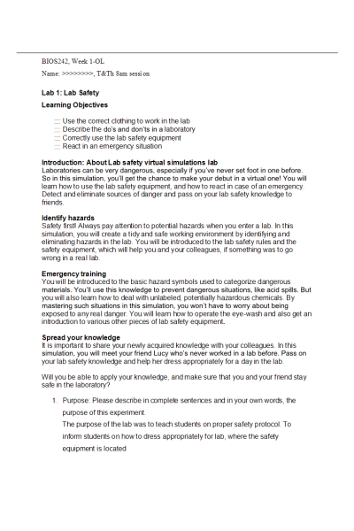 BIOS 242 Week 1-OL, Lab 1; Lab Safety