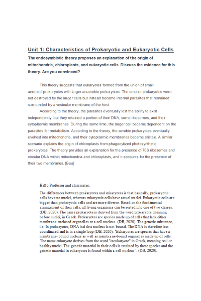 BIOS 242 Week 2 Discussion; Characteristics of Prokaryotic and Eukaryotic Cells