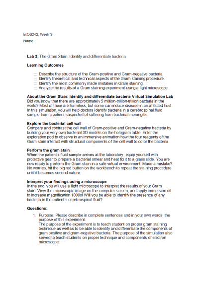 BIOS 242 Week 3-OL, Lab 3; The Gram Stain; Identify and differentiate bacteria