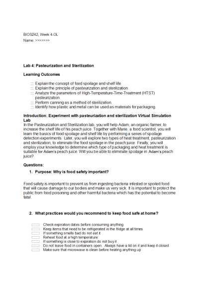 BIOS 242 Week 4-OL, Lab 4; Pasteurization and Sterilization Learning