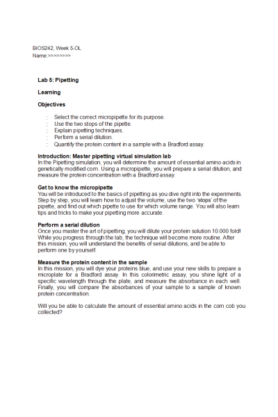 BIOS 242 Week 5-OL, Lab 5; Pipetting