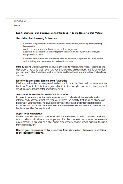 BIOS 242 Week 6-OL, Lab 6; Bacterial Cell Structures; An Introduction to the Bacterial Cell Virtual Simulation Lab