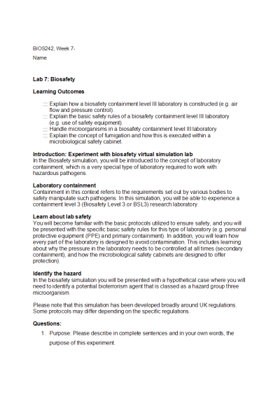 BIOS 242 Week 7-OL, Lab 7; Biosafety