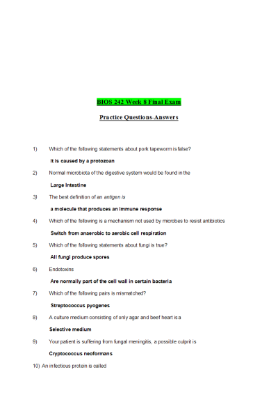 BIOS 242 Week 8 Final Exam Practice Questions