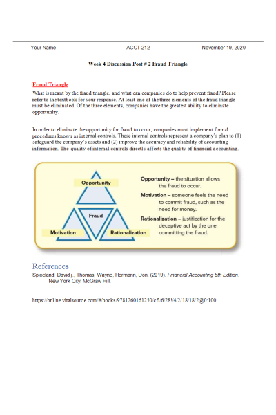 ACCT 212 Week 4 Discussion Post # 2 Fraud Triangle