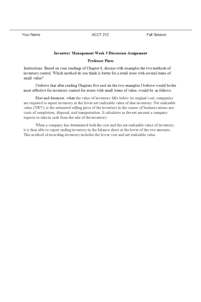 ACCT 212 Week 5 Discussion Assignment; Inventory Management