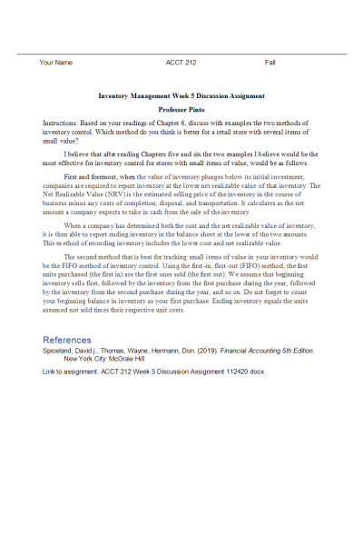 ACCT 212 Week 5 Discussion Assignment; Inventory Management