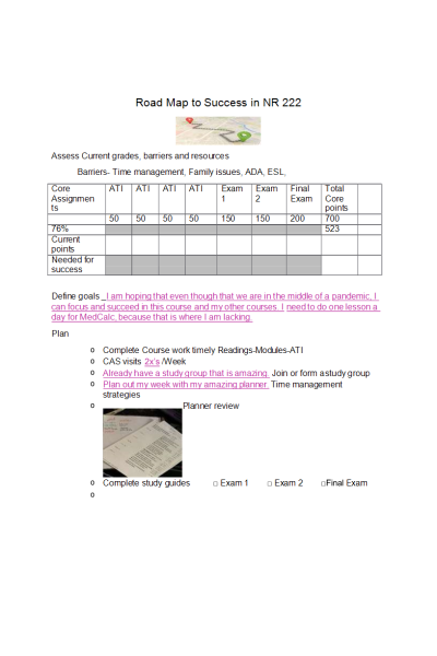 NR 222 Week 1 Assignment 3; Success Plan and Forecasted Calendar