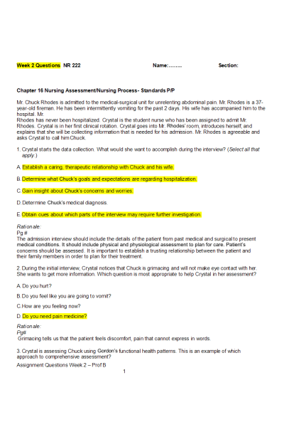 NR 222 Week 2 Assignment; Questions & Class Activity