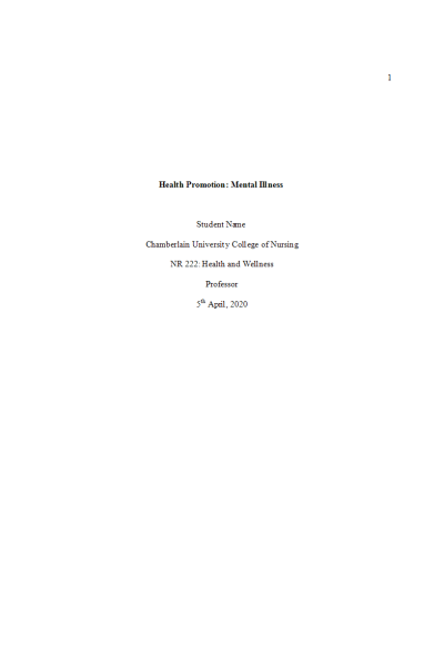 NR 222 Week 5 Assignment (RUA); Health Promotion Project; Mental Illness