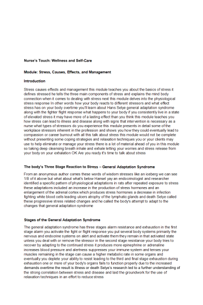 NR 222 Week 7 Assignment; Nurse s Touch; Wellness & Self; Stress; Cause, Effects, and Management - Notes