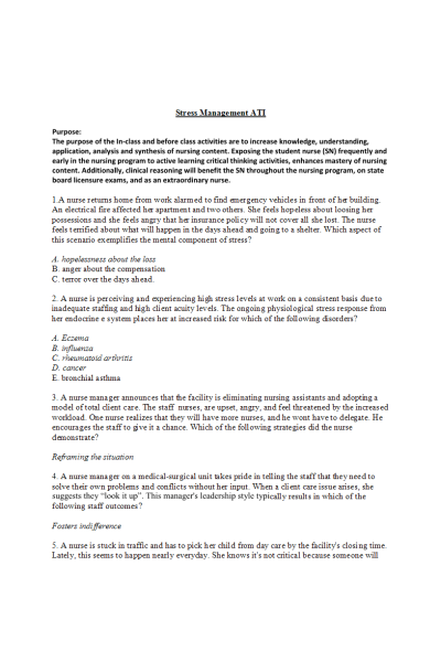 NR 222 Week 7 Assignment; Nurse s Touch; Wellness & Self; Stress; Cause, Effects